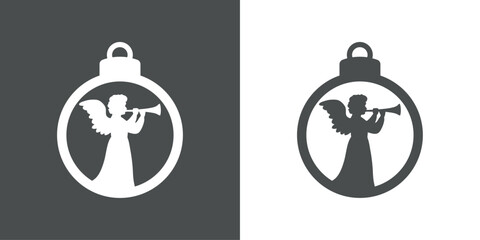 Fototapeta premium Tiempo de Navidad. Logo con silueta de bola de navidad con ángel con alas tocando la trompeta para tarjetas y felicitaciones