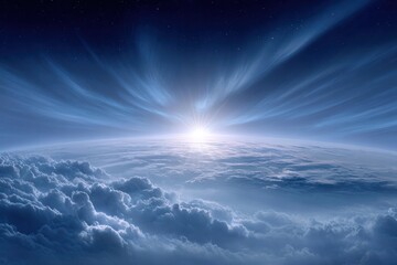 Heavenly Sunrise: The sun ascends over a sea of clouds, the celestial dance painted in shades of tranquil blue and radiant light. A vista of ethereal beauty and endless possibility.