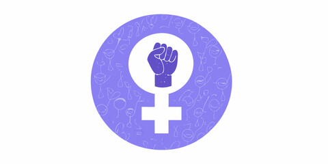 Feminist symbol with raised fist and faces in a light purple color