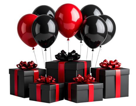 Black and Red Balloons with Gift Boxes Isolated on Transparent Background - Powered by Adobe