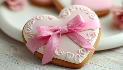 Delicious heart shaped cookie with a cute pink ribbon, perfect for Valentine's Day gifts or baking blogs