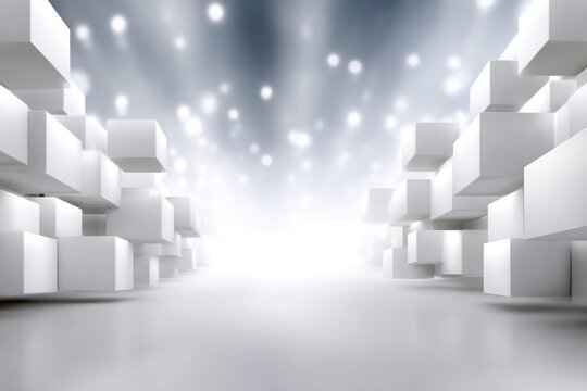 Abstract Cubic Passage: An abstract architectural concept with numerous geometric, cubic forms creating a futuristic passage, leading toward a brilliant light. This design speaks to innovation.