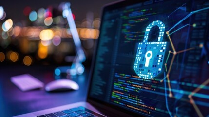 Digital Cybersecurity Concept with Padlock Symbol on Laptop Screen in Urban Night Setting with Blurry Background Lights