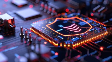 Digital Circuit Board with Shield Icon Representing Cybersecurity and Data Protection Technologies in Modern Computing