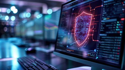 Digital Shield Concept on Computer Screen Showcasing Cybersecurity Technology and Data Protection in Modern Office Environment
