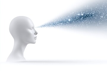 Obraz premium Visionary Perspective: A serene, sculpted figure with closed eyes exudes a sense of tranquility, while a stream of sparkling light emanates from the eyes.