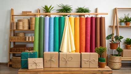 Christmas green energy eco friendly gift wrapping paper rolls and boxes create joyful sustainable holiday atmosphere in cozy room