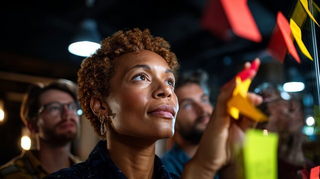 Woman working with colorful post-it notes in an office setting.