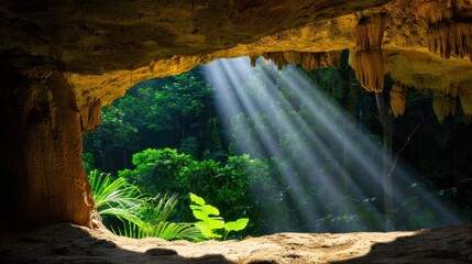 Sunlight Streaming Through Cave Entrance into Lush Green Tropical Forest Landscape