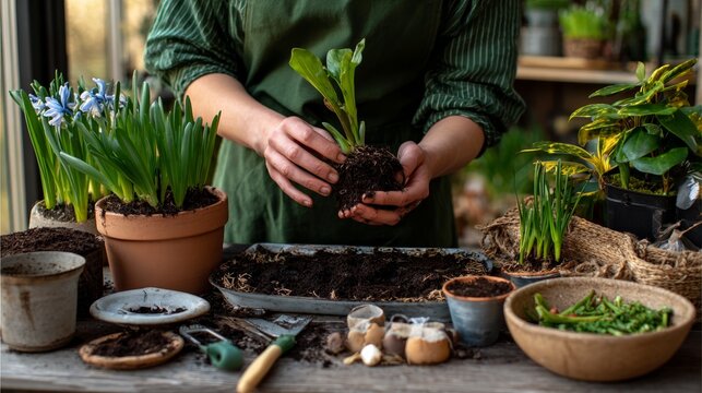 Woman gardening with potted plants
