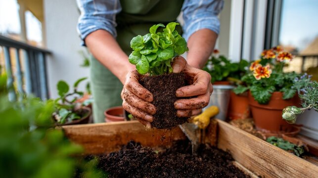 Woman holding potted plant with hands.