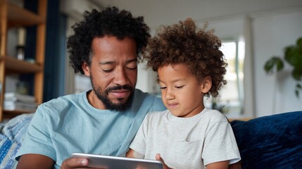 Father and son using tablet together at home.