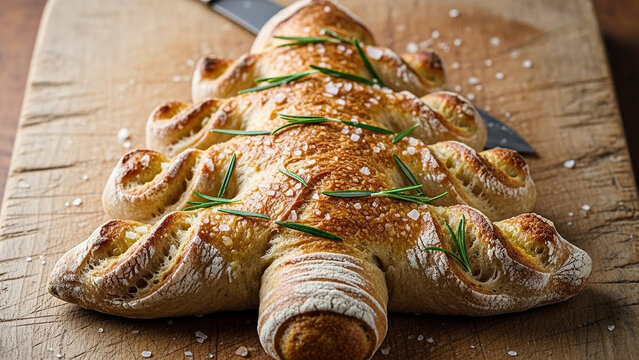 A rustic sourdough bread loaf shaped like a Christmas tree, brushed with olive oil and sprinkled with sea salt and rosemary, on a wooden cutting board