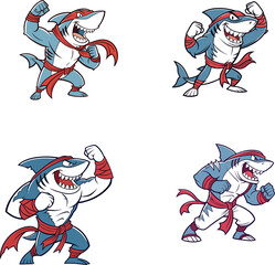 Set of Four Cartoon Shark Mascot Characters in Fighter or Martial Arts Poses