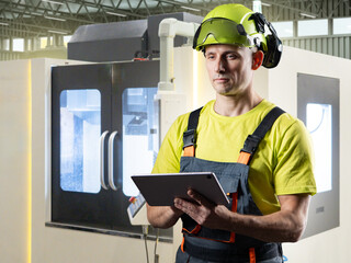 CNC machine operator controls machining workflow with a digital tablet, supervising automated...