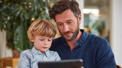 Man and child using laptop at restaurant.