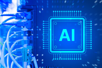 Artificial intelligence data processing integrates network hardware and digital systems, highlighting high-speed connections and advanced computational technology.