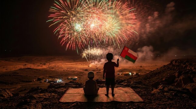 Two Omani children watching large, colorful fireworks exploding over a desert landscape, with one child holding the flag of Oman during National Day celebrations.