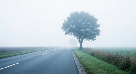 Foggy rural road with single tree in misty countryside landscape