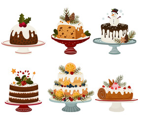 Set of Festive Christmas Cakes - Holiday Desserts with Berries, Citrus and Winter Decor