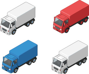 Isometric cargo truck illustration, delivery vehicle set, transportation fleet graphic, logistics trucks in multiple colors, commercial transport design, freight truck icons for distribution