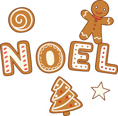 Sweet gingerbread NOEL festive lettering for holiday designs, inviting warmth, perfect for Christmas cards, cookie shops, and seasonal promotions