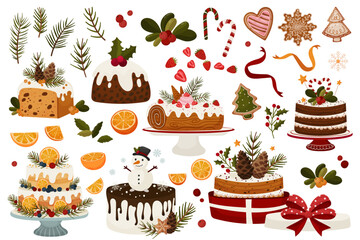 Festive Christmas Bakery Collection consist of cakes, cookies, candy canes, berries, oranges, pine branches, ribbons and holiday decorations