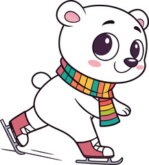 Adorable polar bear cartoon character joyfully ice skating with a colorful scarf, bringing winter fun to children's books and holiday cards