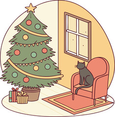 Cozy Christmas eve with a decorated tree and a cat sitting on a chair looking out the window in a warm, inviting room perfect for holiday cheer