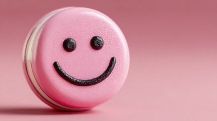 Delightful pink macaron featuring a cheerful smiley face design representing joy and happiness in confectionery art