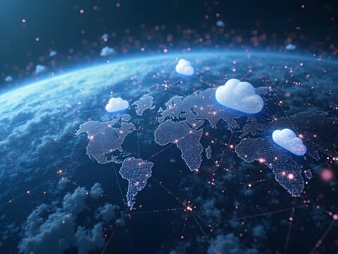 Global cloud computing network over world map