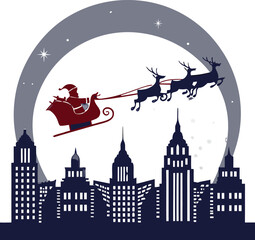 Santa's sleigh flying over a modern city skyline under the moonlight spreading holiday cheer and festive spirit, perfect for Christmas cards and winter promotions