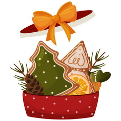A festive red gift box filled with gingerbread cookies, orange slices, pine cones and evergreen branches