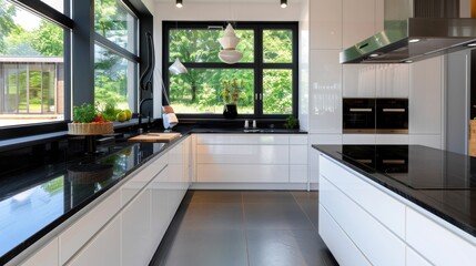 Modern minimalist kitchen design with natural light, sleek cabinets, and black countertops in contemporary home interior