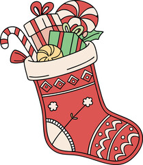 Festive Christmas stocking overflowing with colorful candy and gifts, a joyful seasonal treat that embodies holiday cheer and heartwarming tradition