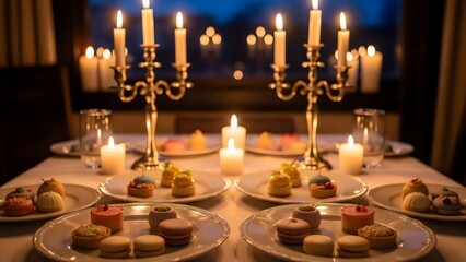 “luxury candlelit dessert table with cakes, cupcakes and sweets, elegant golden glow atmosphere, premium fine-dining event photography