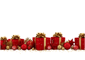 Red Christmas Gift Boxes with Gold Ribbons and Ornaments isolated on a transparent background gifts presents