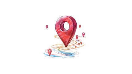 Illustration of a large red location pin with smaller pins along a colorful swirling path on black on transparent background