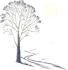 Serene winter landscape with a lonely tree bathed in moonlight, perfect for conveying tranquility and peaceful solitude in your creative projects