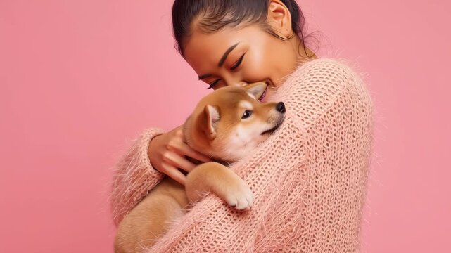 Joyful woman embracing lovable shiba inu puppy portrait. Connection, friendship, and pet care concept.