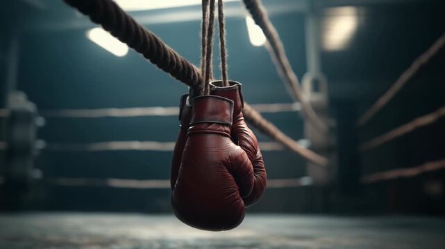 Boxing Gloves Hanging on Ropes in a Dimly Lit Boxing Ring