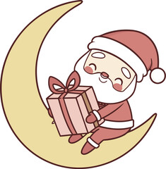 Delightful Santa Claus cartoon character delivering holiday gifts while seated on a crescent moon, perfect for festive greeting cards and seasonal promotions