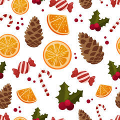 Christmas Seamless Pattern with Oranges, Pine Cones and Candy Canes