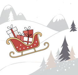 Charming Christmas sleigh with gifts sailing through snowy winter wonderland, perfect for holiday greetings and seasonal promotions with whimsical cheer