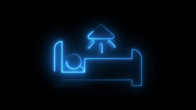 Neon operation theatre icon animation on black background, glowing surgical room symbol with medical lamp and surgery table, futuristic hospital healthcare procedure illustration