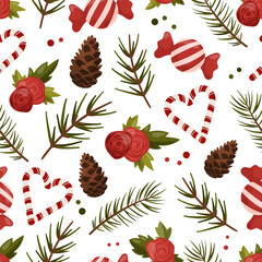 Seamless Christmas Pattern with Candy Canes, Pine Branches, Roses and Cones