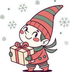 Adorable Christmas elf brings holiday cheer with a beautifully wrapped gift during a whimsical winter snowfall, spreading joy and festive spirit