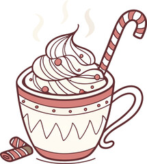 Indulge in the festive cheer with a steaming cup of hot chocolate topped with creamy whipped cream and a candy cane, perfect for winter holidays