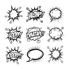Fototapeta premium Collection of nine comic book sound effect speech bubbles with various shapes and exclamations