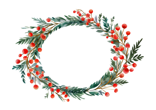 Watercolor Christmas Garland with Red Berries and Green Pine Needles isolated on a transparent background